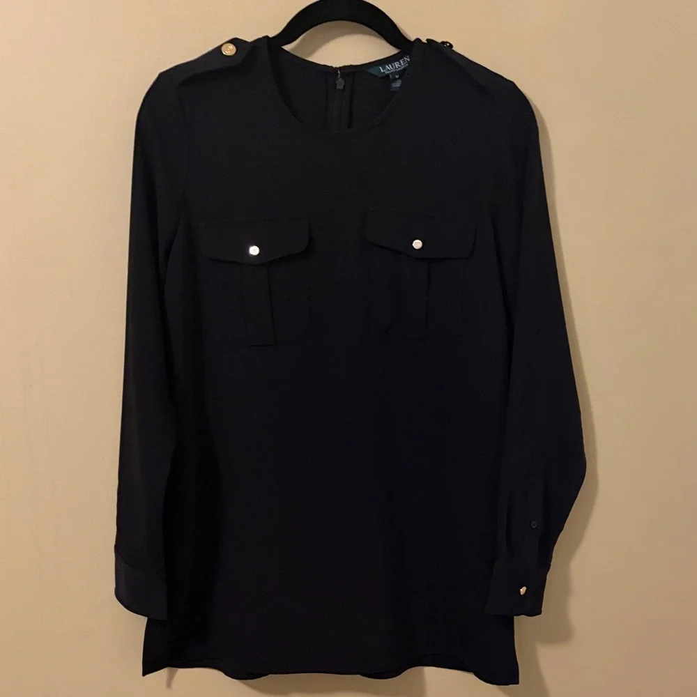 Lauren Ralph Lauren Navy Long-Sleeve Blouse with Gold Buttons Size M - Picture 1 of 4